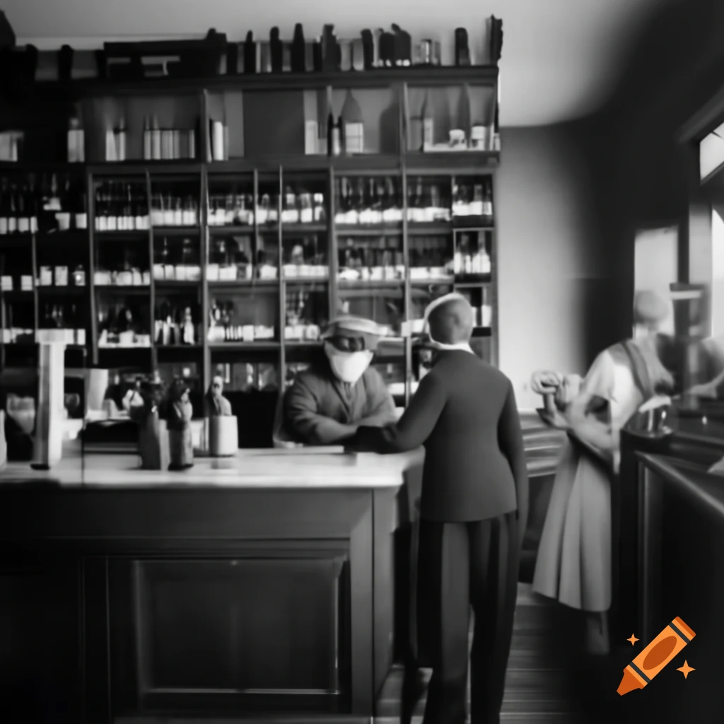 Vintage 1900 photo of liquor store with wine shelves and counter staff