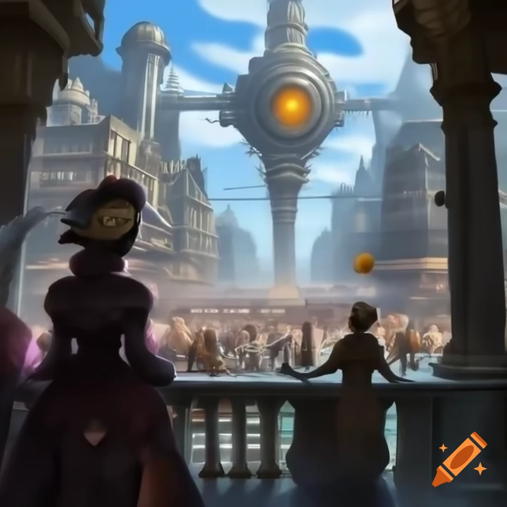 Steampunk metropolis with Victorian architecture and brass structures