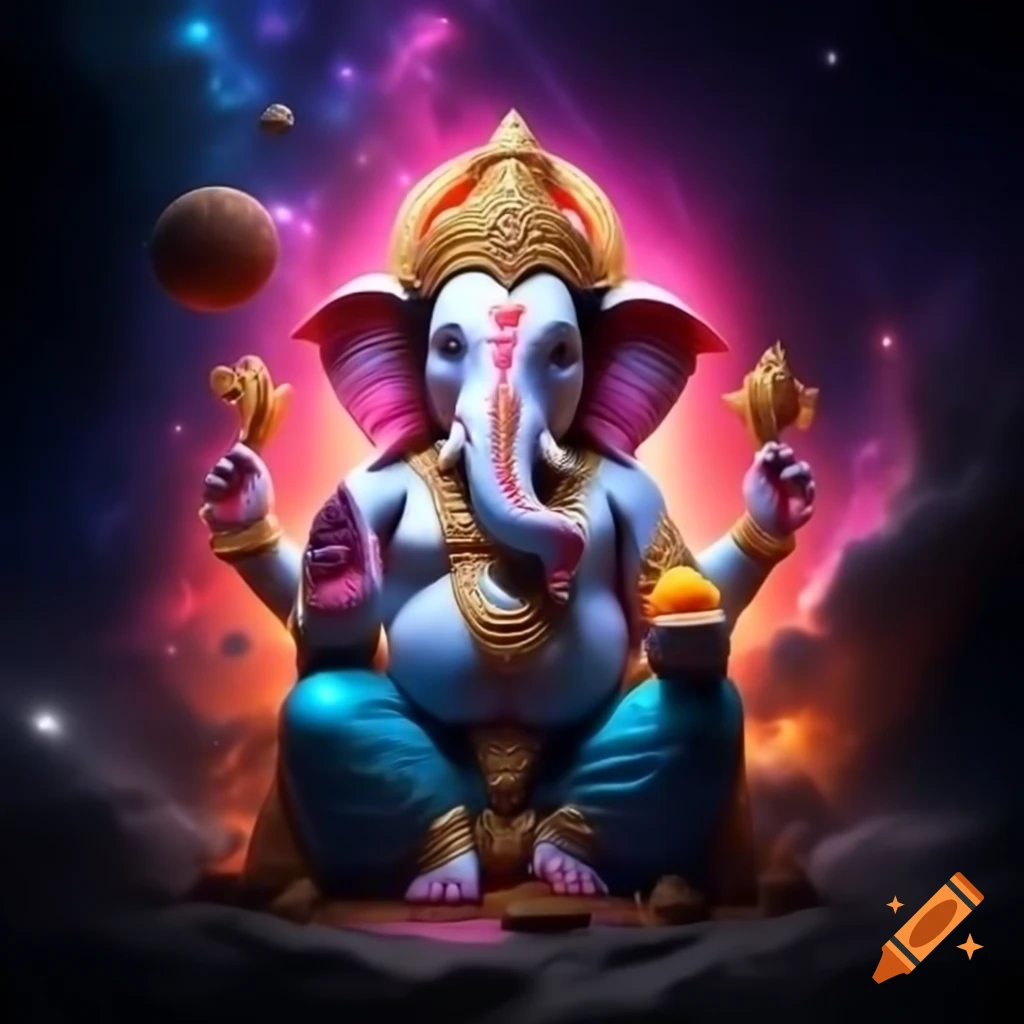 Ganesh with vibrant cosmic background and authentic design