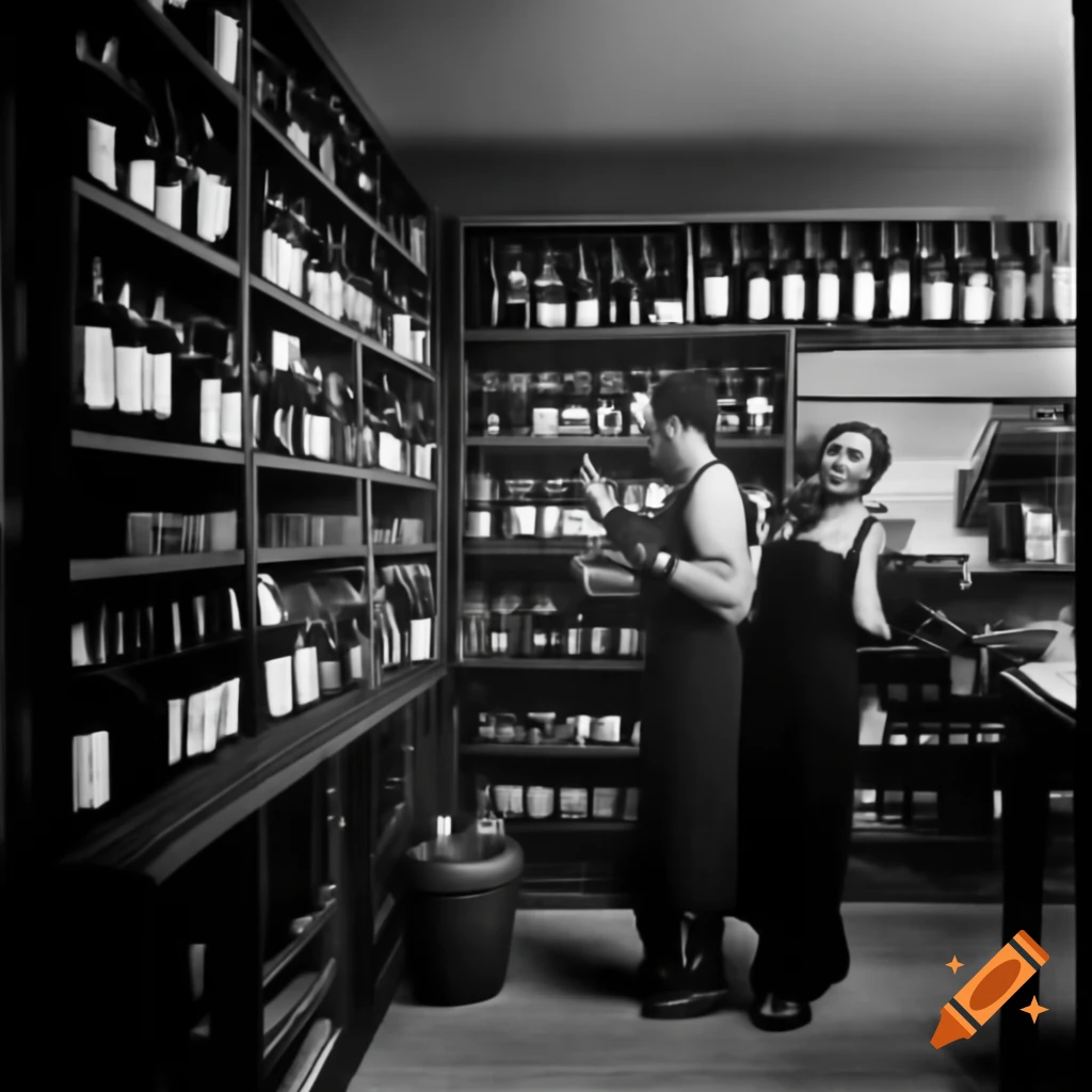 Vintage photo of liquor store with wine shelves and customers