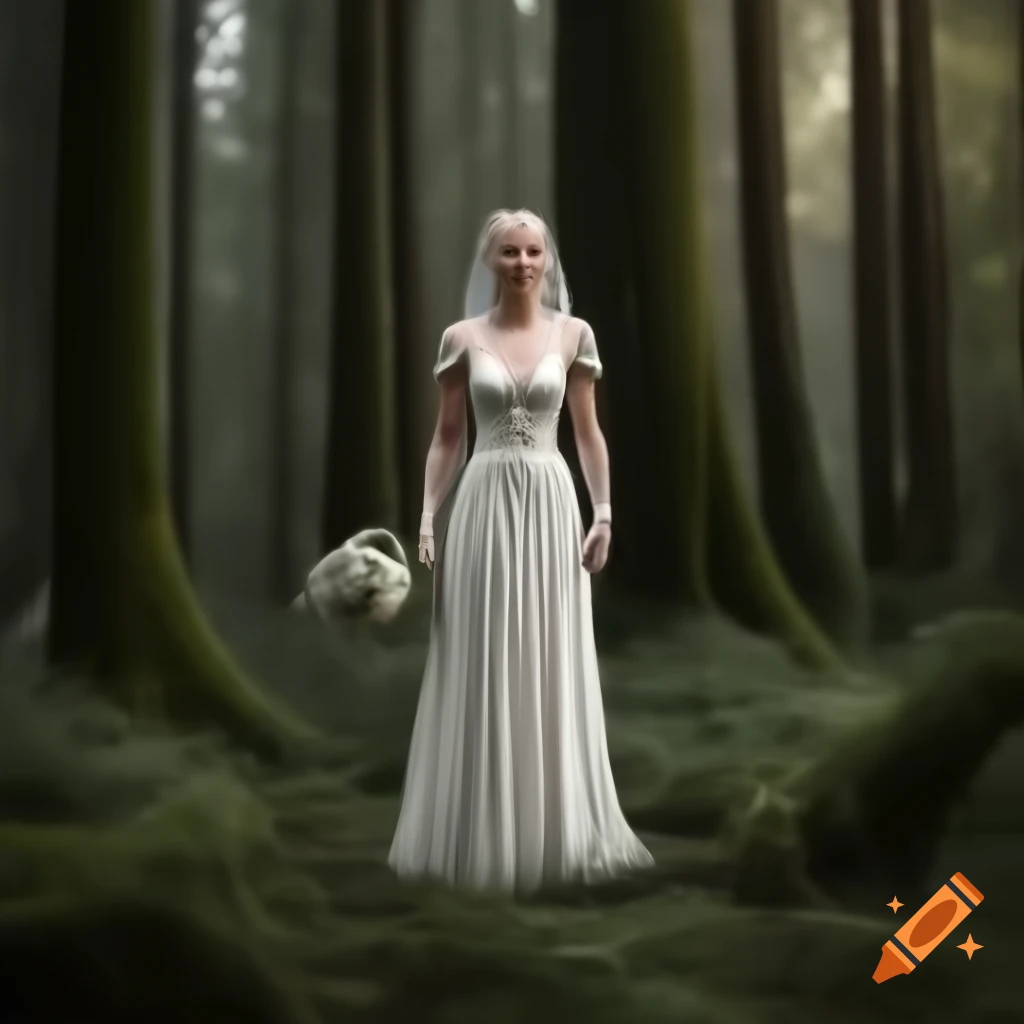 Druid-inspired wedding dress in a forest setting, DnD theme