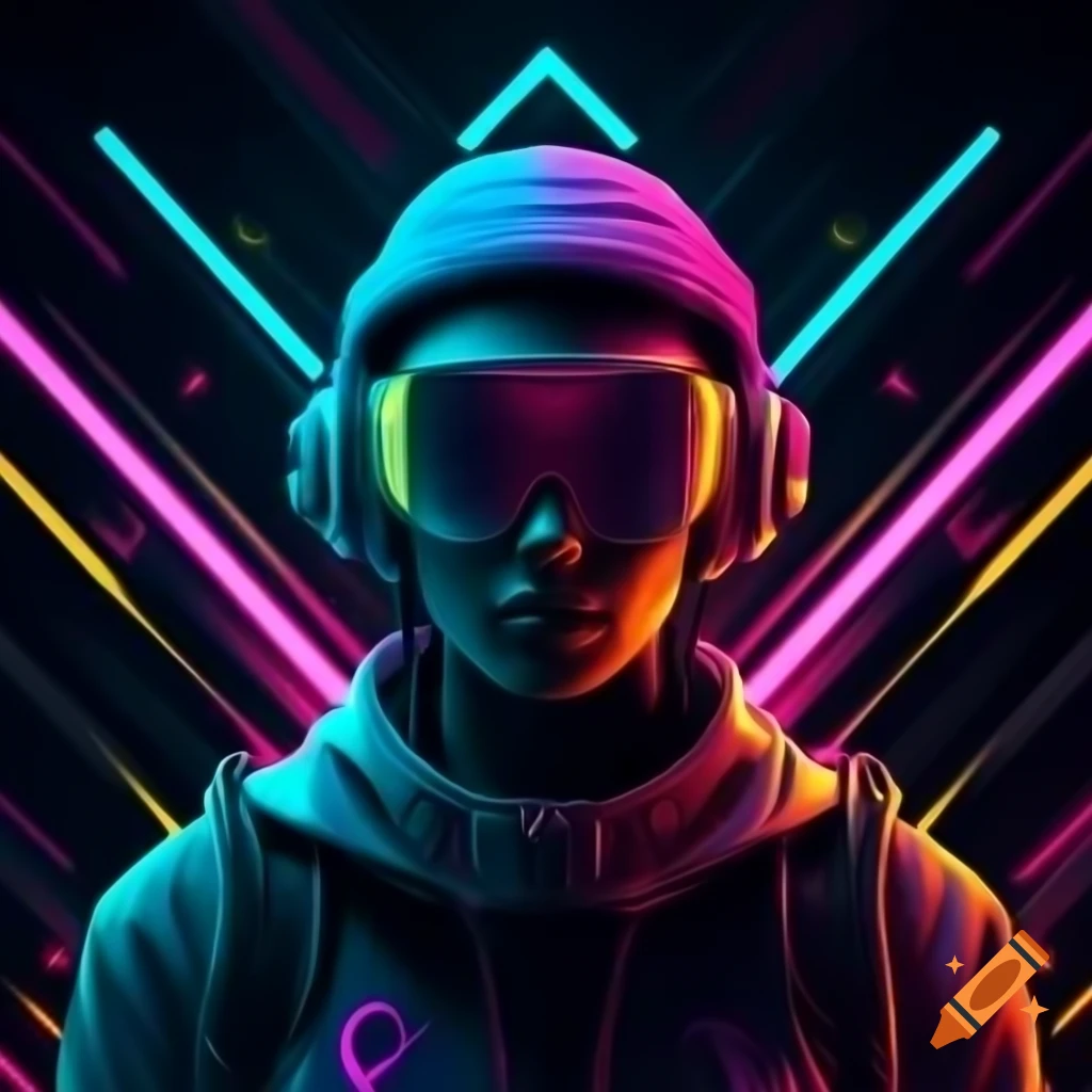 Futuristic abstract logo with neon colors and geometric shapes, digital art