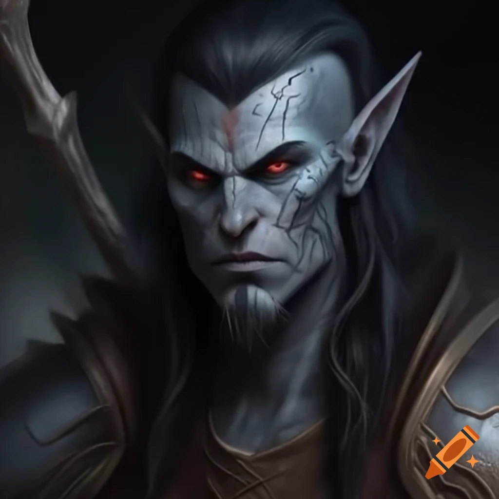 Hobgoblin eldritch knight with grey skin, black hair, chain mail, and trident
