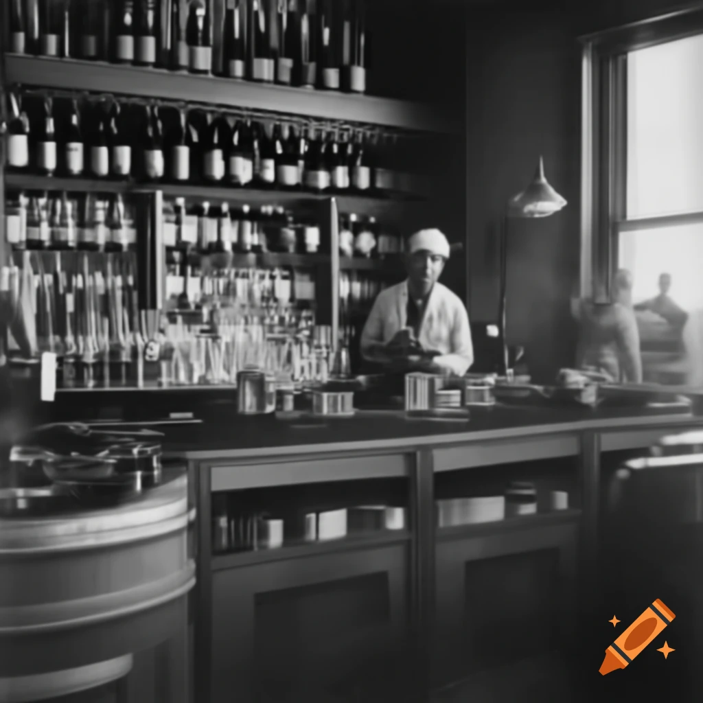 Vintage 1900 photo of liquor store with wine shelves and counter staff