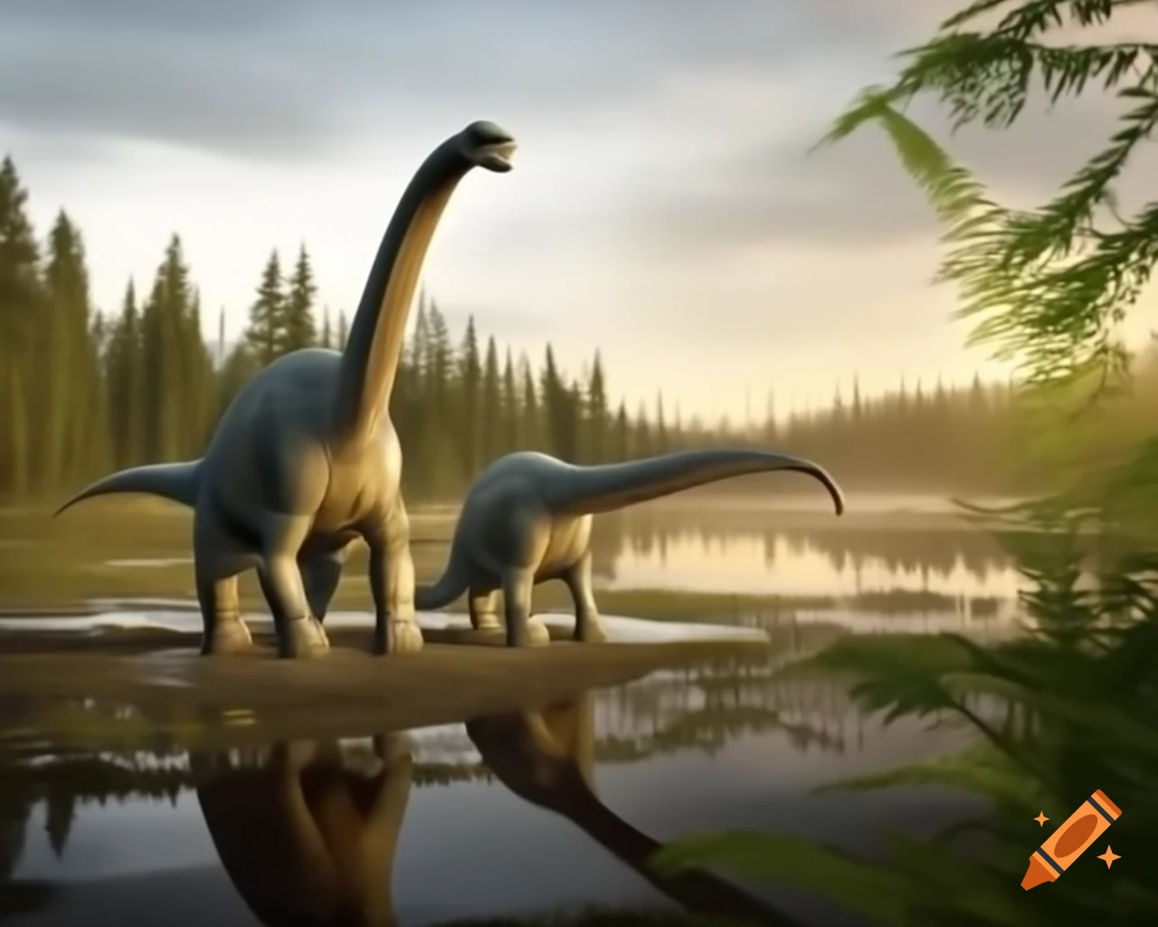 Three light grey Diplodocus walking along muddy lake bank in British Columbia during golden hour