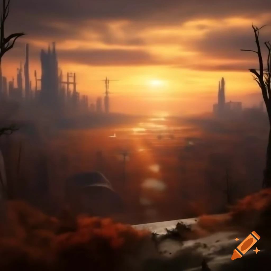 Autumn forest view overlooking apocalyptic cityscape at sunset