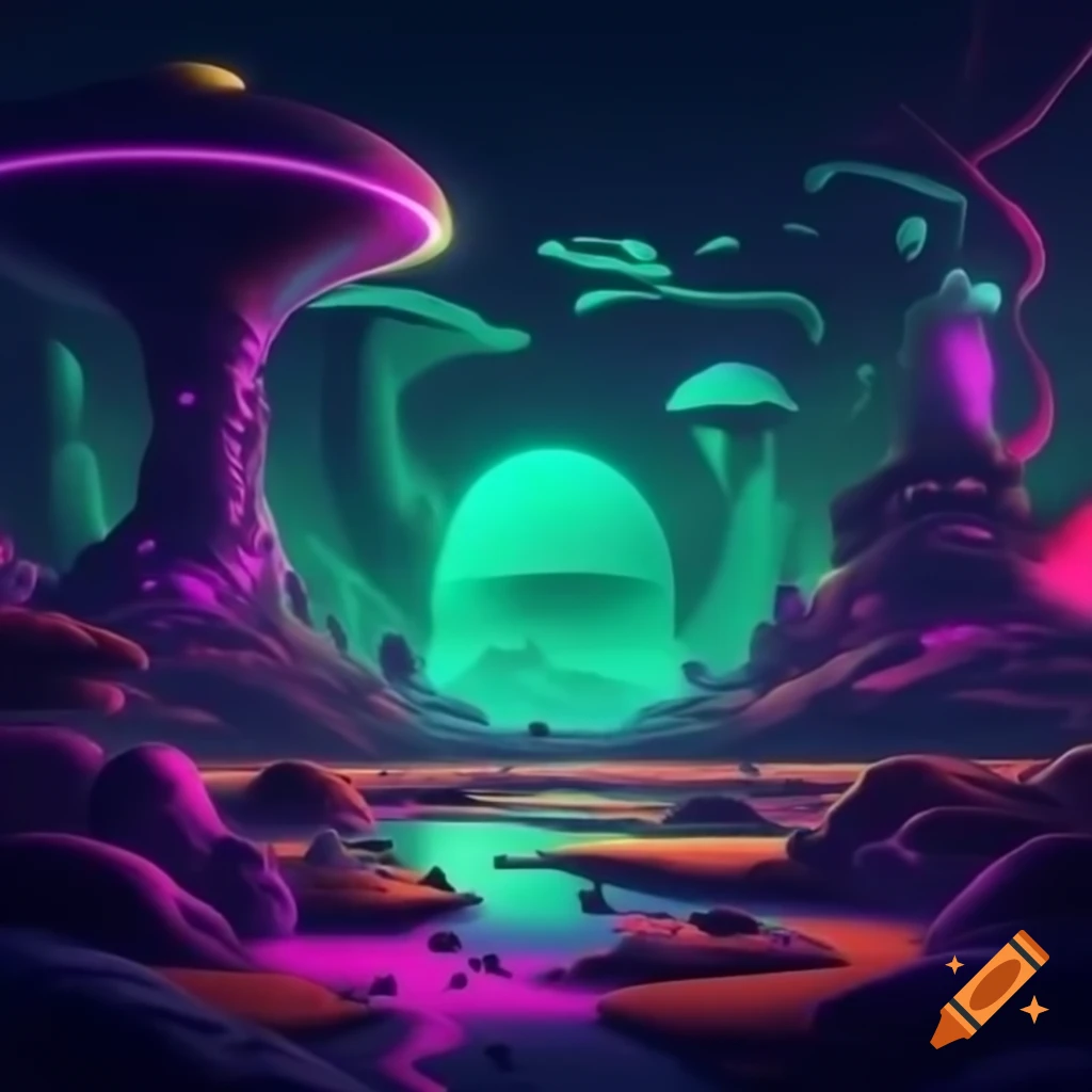 Surreal alien landscape with cool colors creating an eerie atmosphere