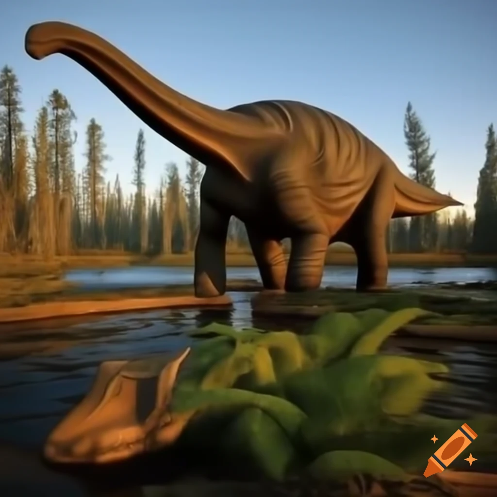 Ankylosaurus and Diplodocus by lake with ferns and fallen trees during golden hour