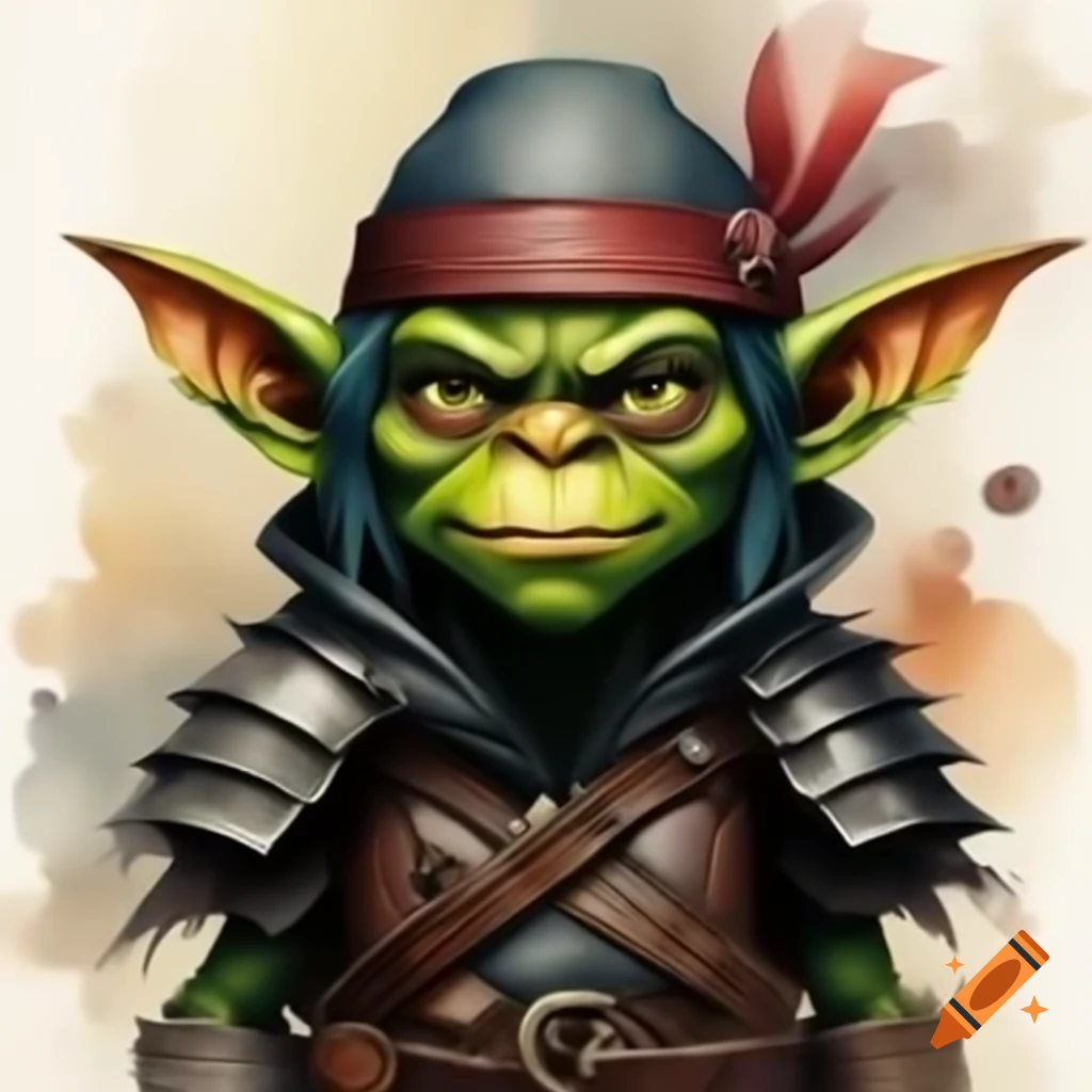 Goblin ninja with blindfold, luxury dagger, bow, and old leather helmet