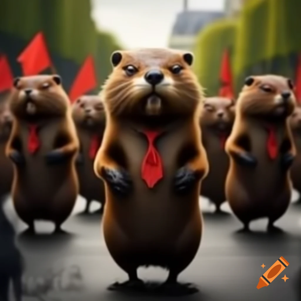 Angry anthropomorphic beavers walking in Paris with red flags