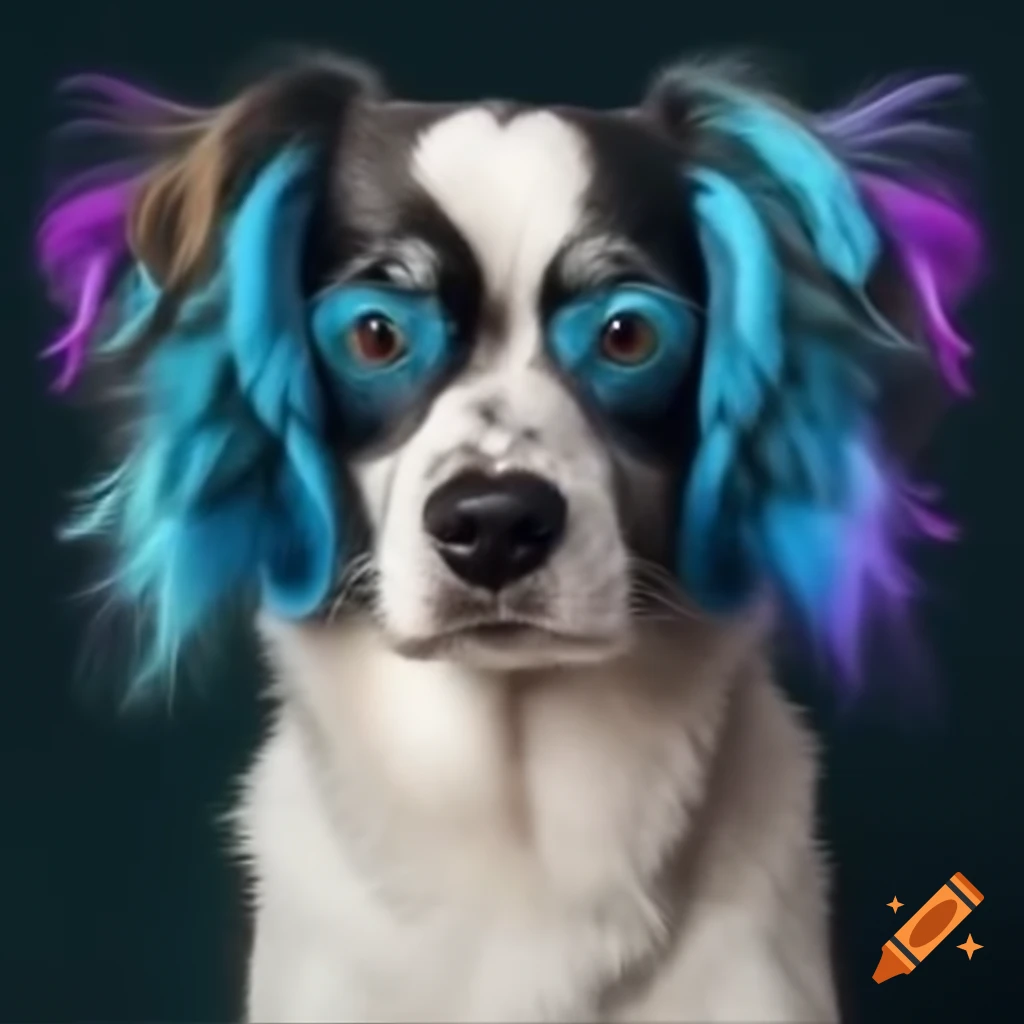Dog with colorful furry patterns in blue, black, green, white, and purple