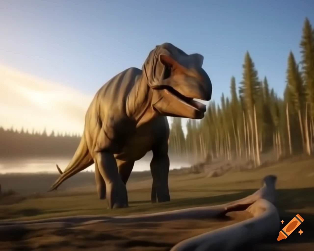 Ankylosaurus observing Diplodocus herd by sunny lake bank in British Columbia