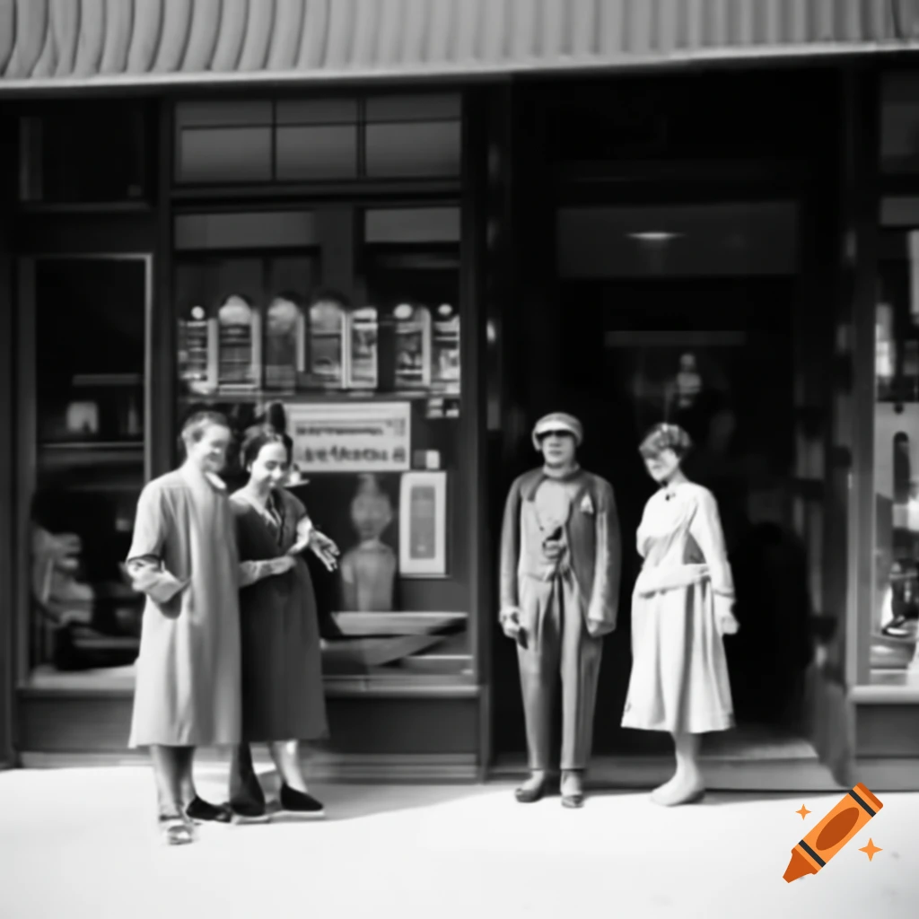 Vintage liquor store facade from 1920 with a lady and two gentlemen at the entrance