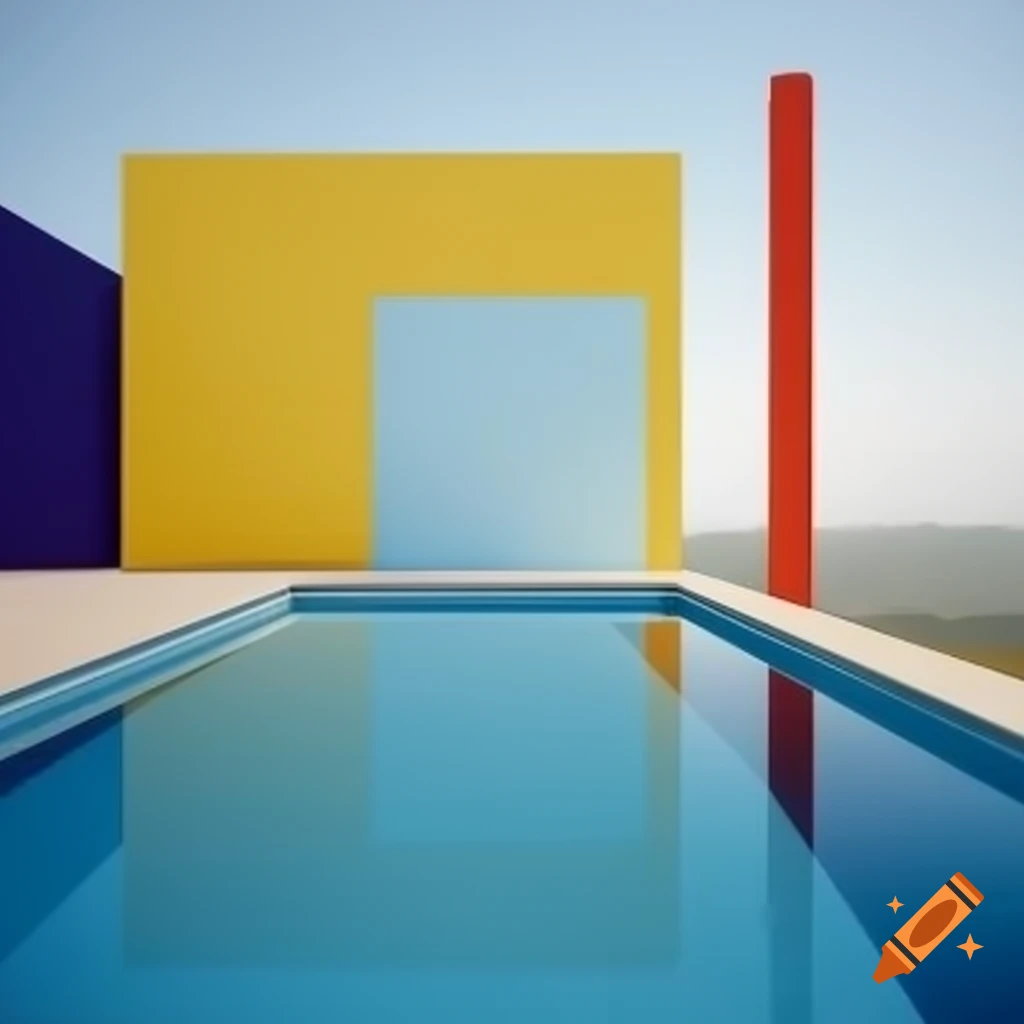 Interior architecture poster featuring minimalist monochromatic design with pool and large plant