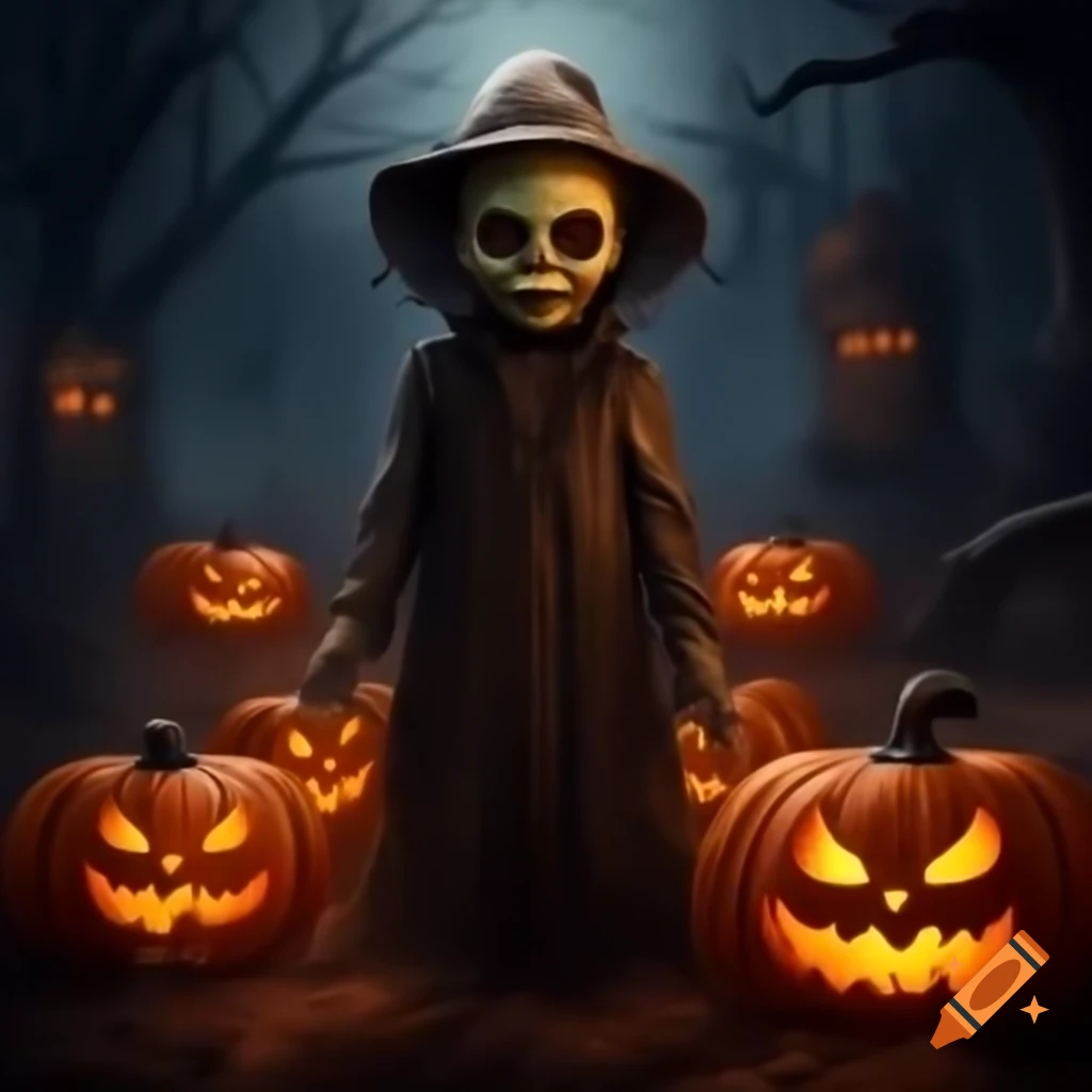 Halloween scene featuring children in costumes