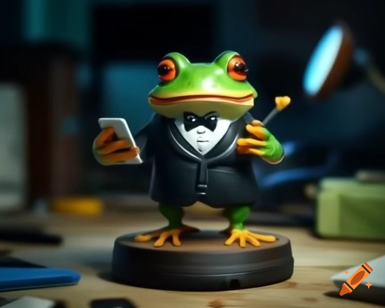 Amiibo figure of frog in tuxedo using smartphone on broken box with cluttered background