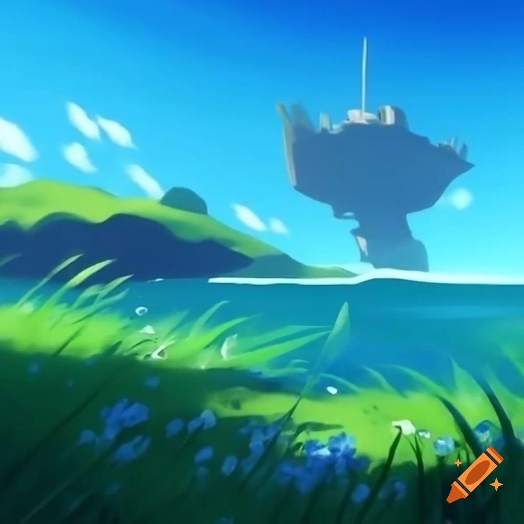 Island with blue plants and flowers featuring a broken boat