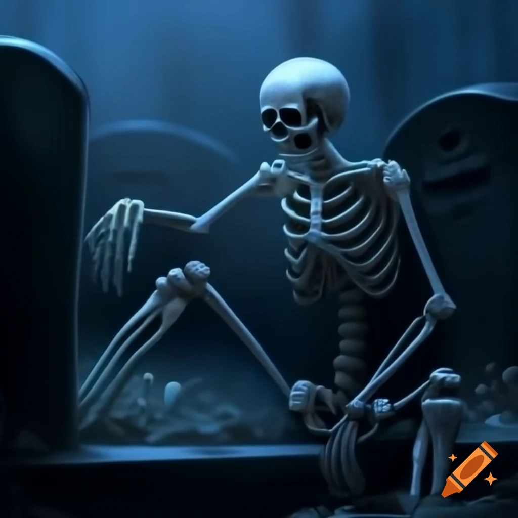 Skeleton viewing its own grave