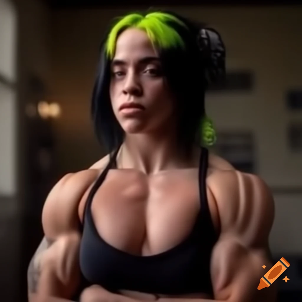 Billie Eilish as a female bodybuilder showcasing strength