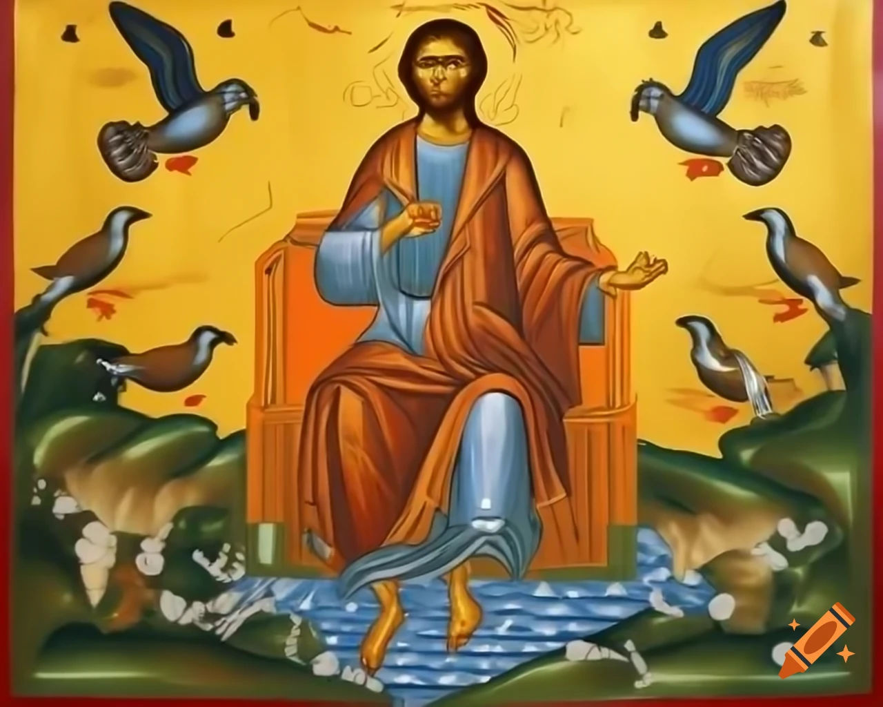 Byzantine icon painting of Jesus with birds and water, mosaic style