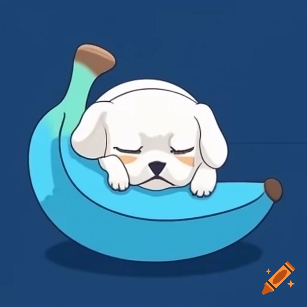 White dog sleeping on blue banana