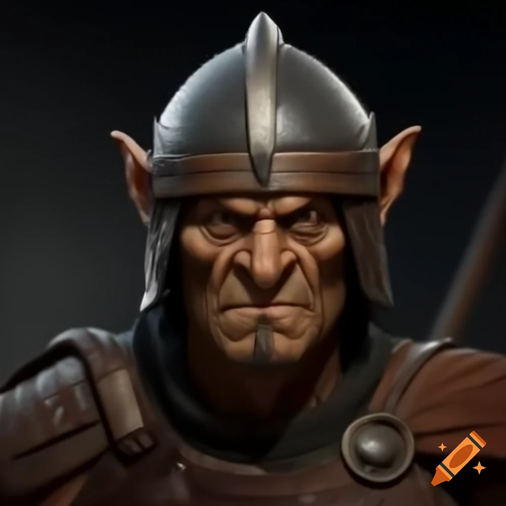 Hobgoblin male warrior in leather armor with metal helmet, realistic features