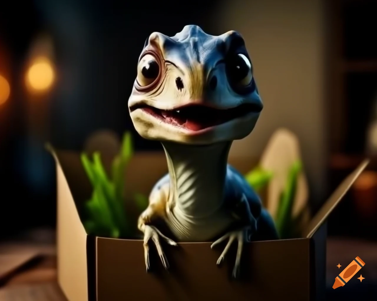 Cute velociraptor in box, aesthetic photography with soft lighting
