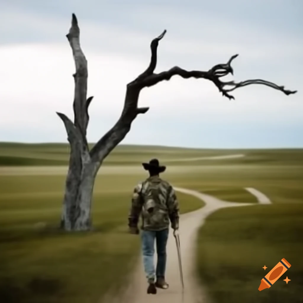 Tall man in camo jacket and cowboy hat walking on dirt path with walking stick toward scenic view