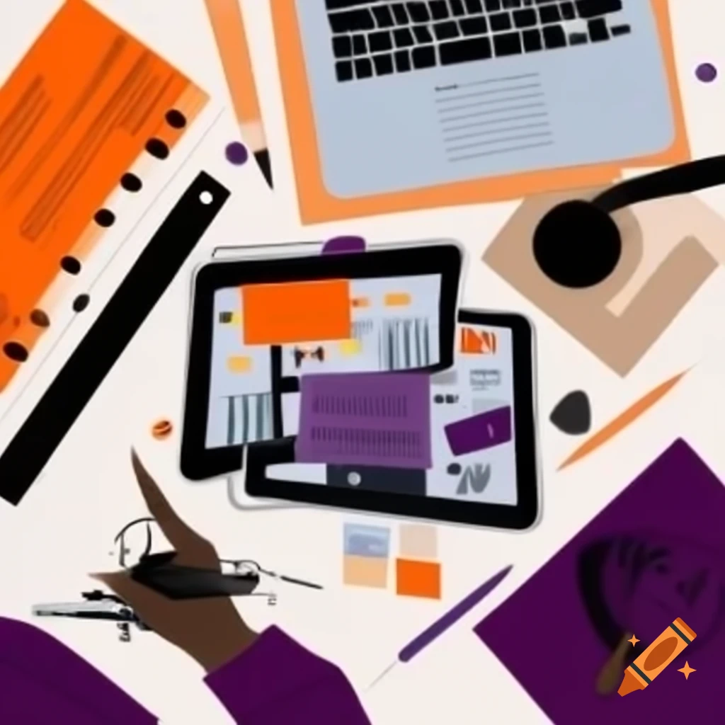 Creative designer workspace with tablet and tools in orange, white, black, and purple