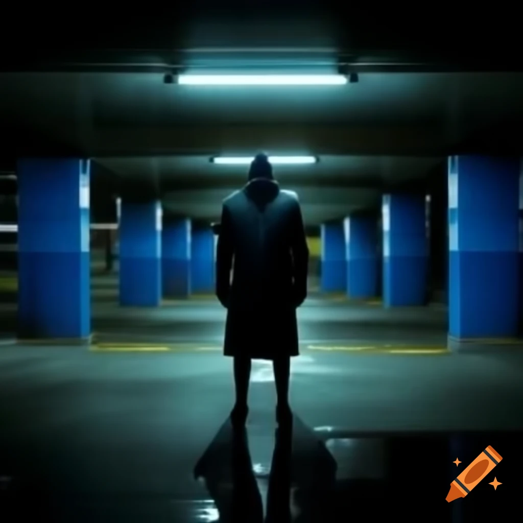 Masked man in threatening pose in dimly lit underground parking garage