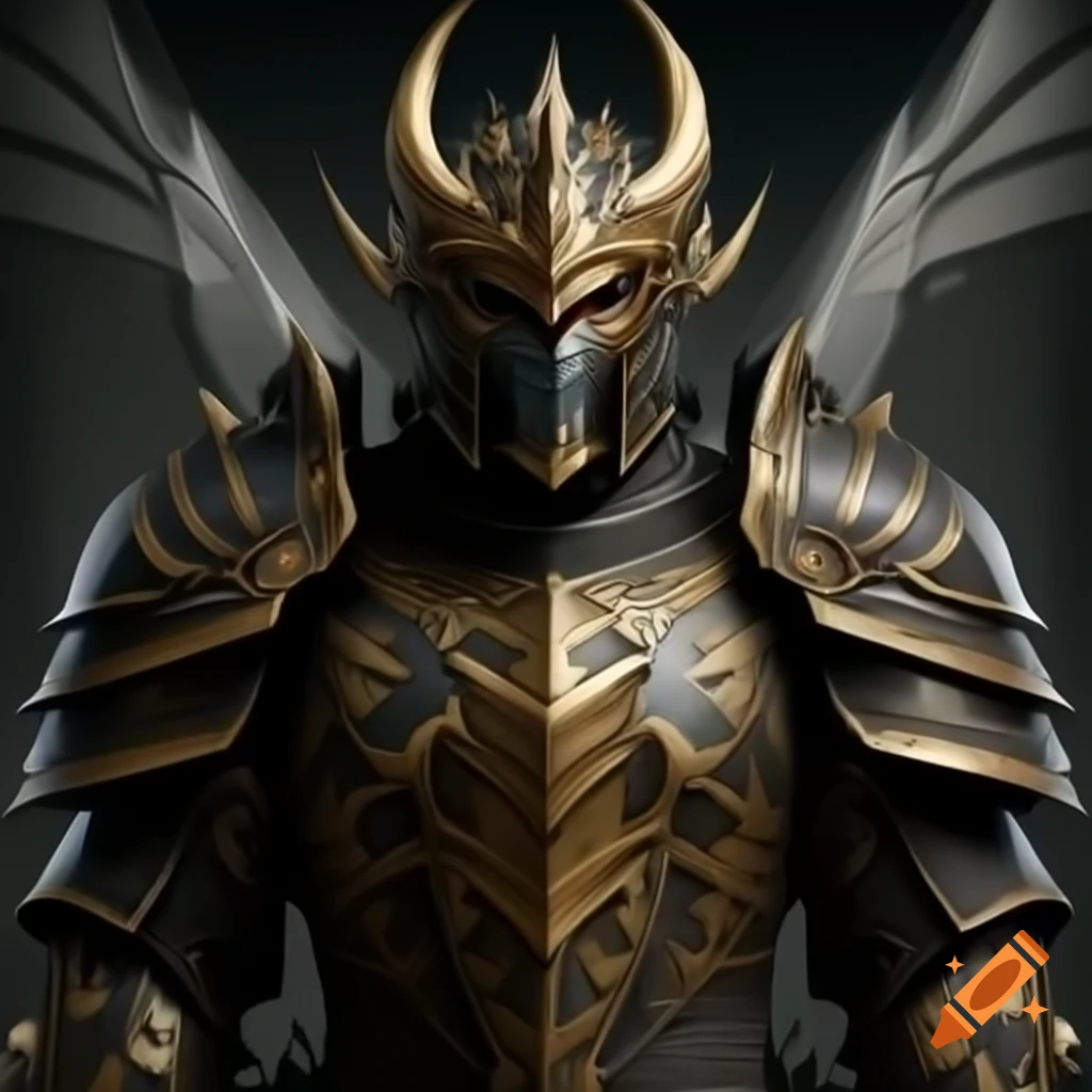 Realistic black and gold armor for Vlad The Impaler with intricate dragon motif inspired by H.R. Giger