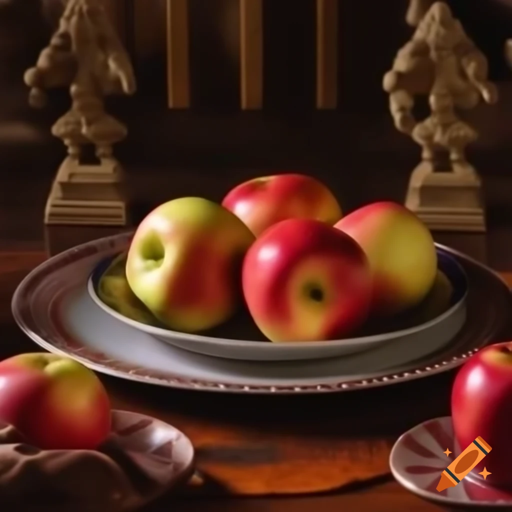 Three apples on a plate on a sacrificial table with gods