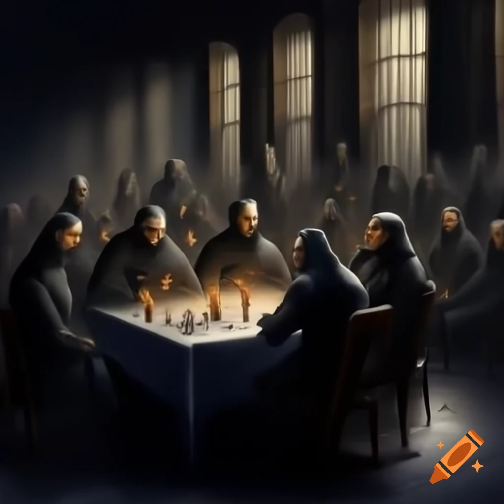 Dark candle-lit room with shadowy figures gathered around table