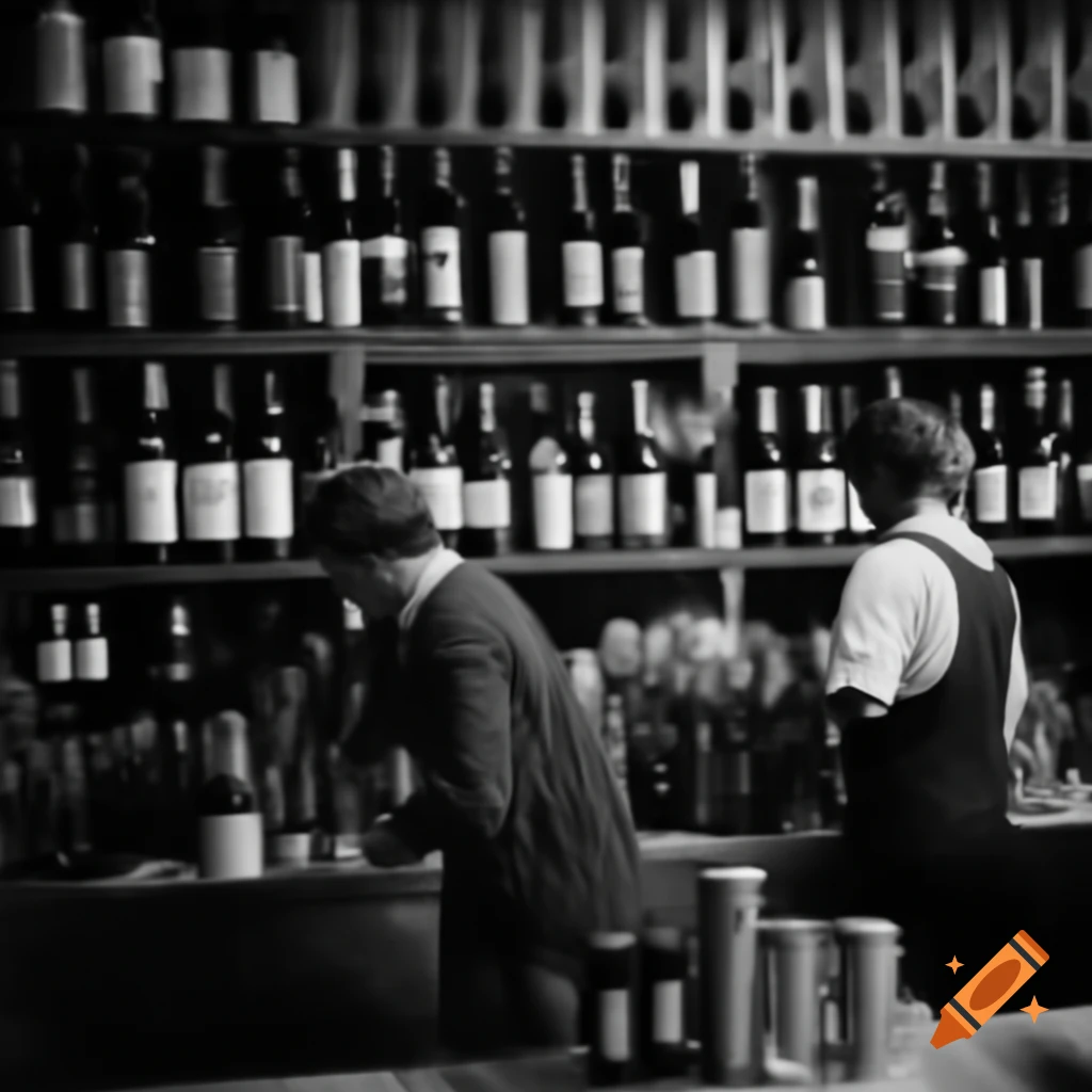 Vintage photo of liquor store with wine shelves and customers