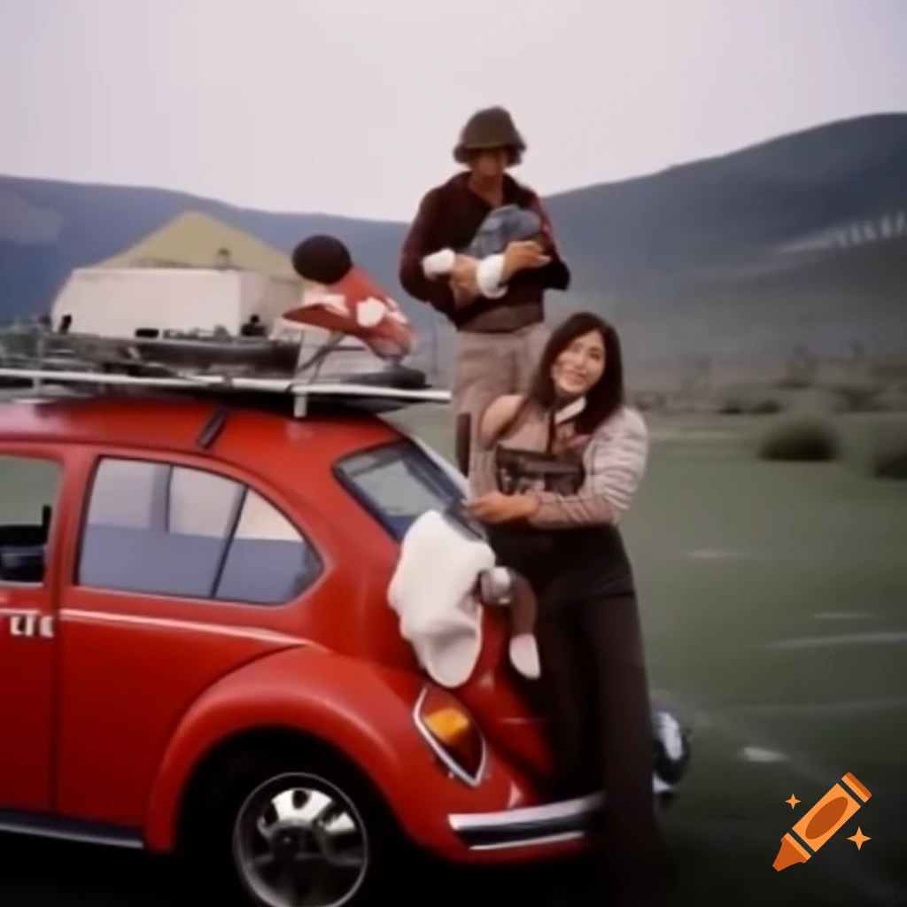 1970s couple with infant son at campground beside loaded red Volkswagen Beetle