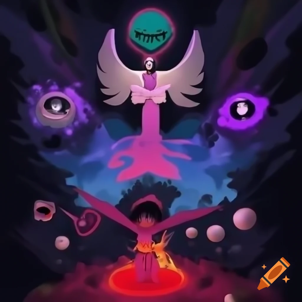 Surreal cosmic battlefield with colorful cartoon style and psychic energy