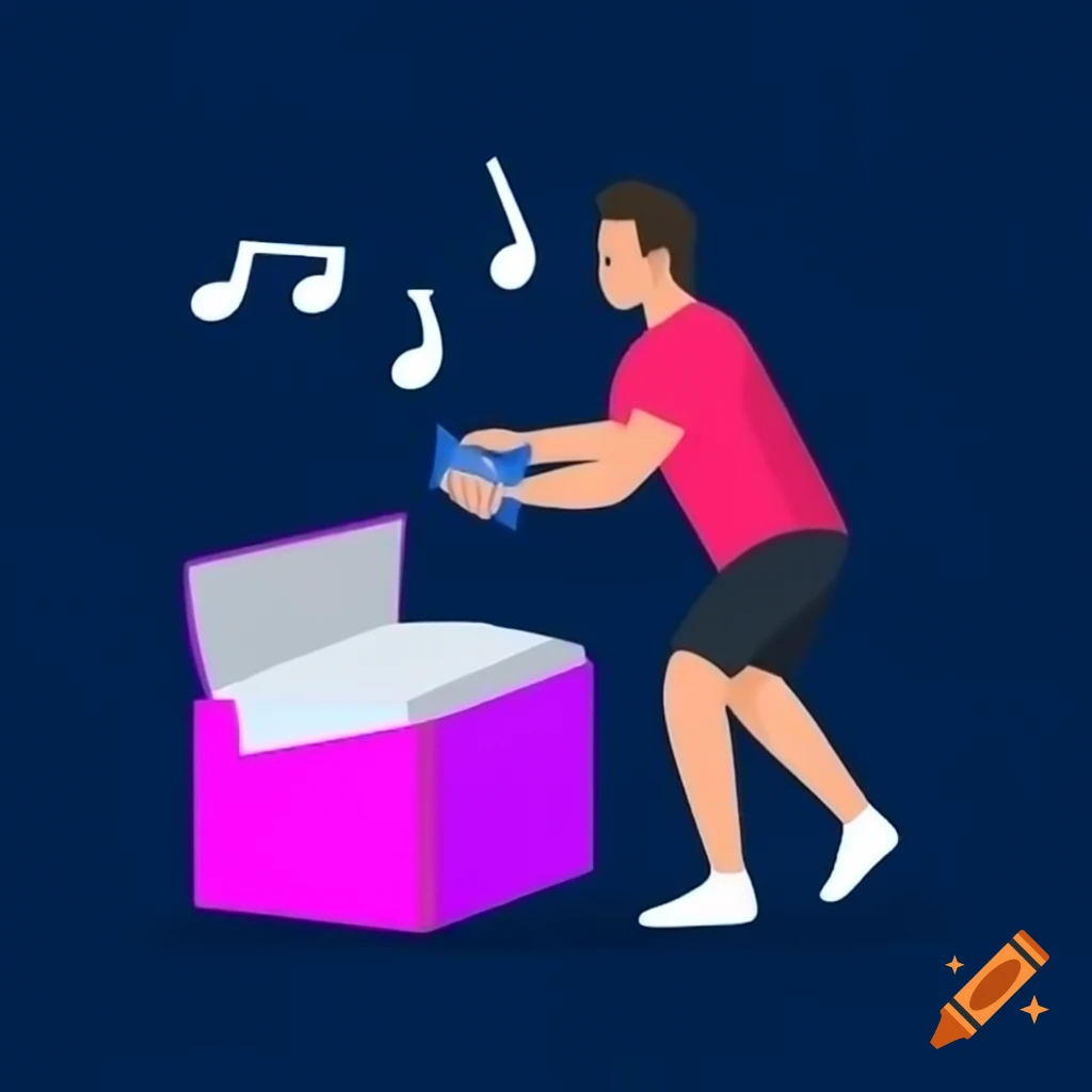 Man opening box with musical notes flying out