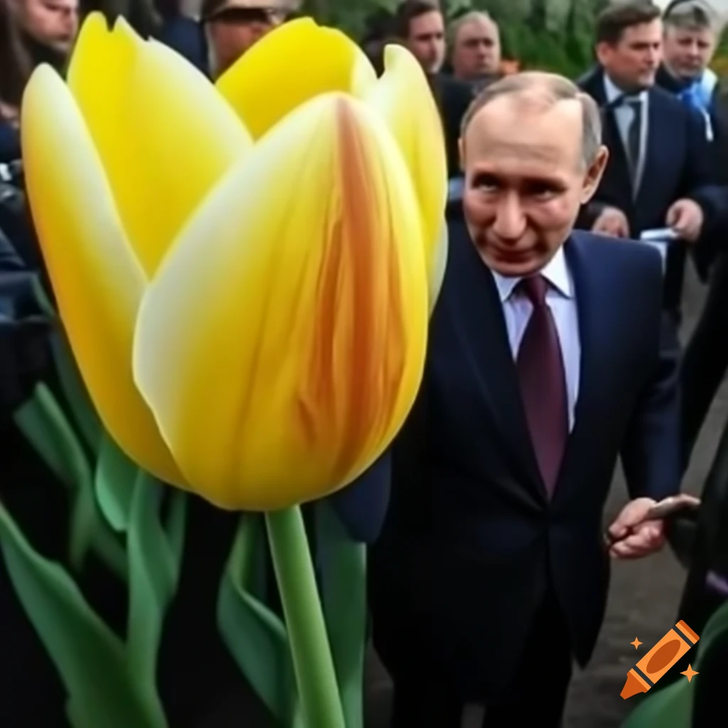Political satire depicting a figure tending to unique yellow-blue flowers in a garden
