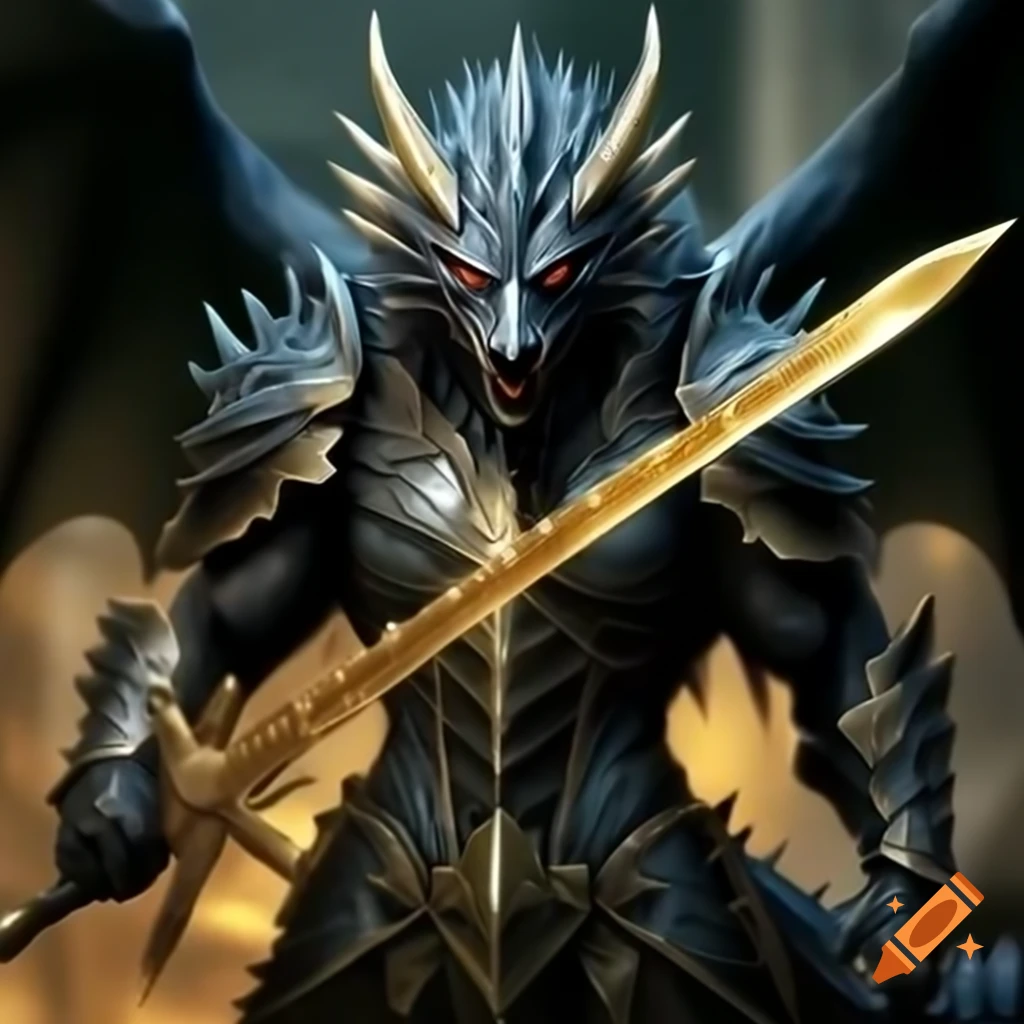 Black dragon in armor wielding a large golden blade
