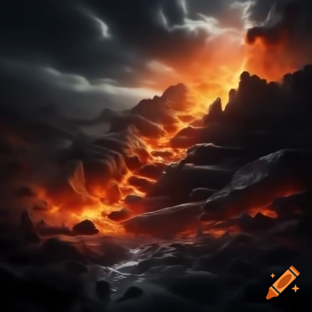Volcanic battlefield with dark rocks and remnants of lava flows