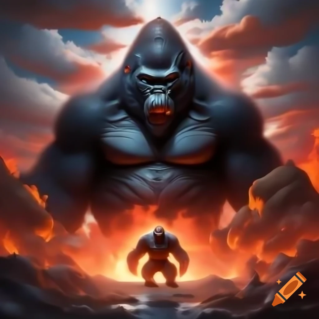 Majestic gorilla with fiery fur in vibrant surreal landscape