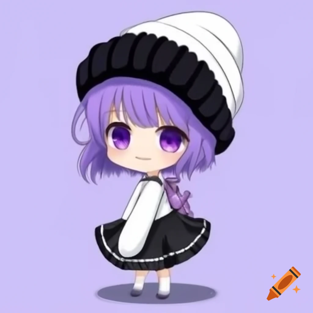 Anime chibi character with lavender hair and purple eyes, wearing a black toque and white scarf