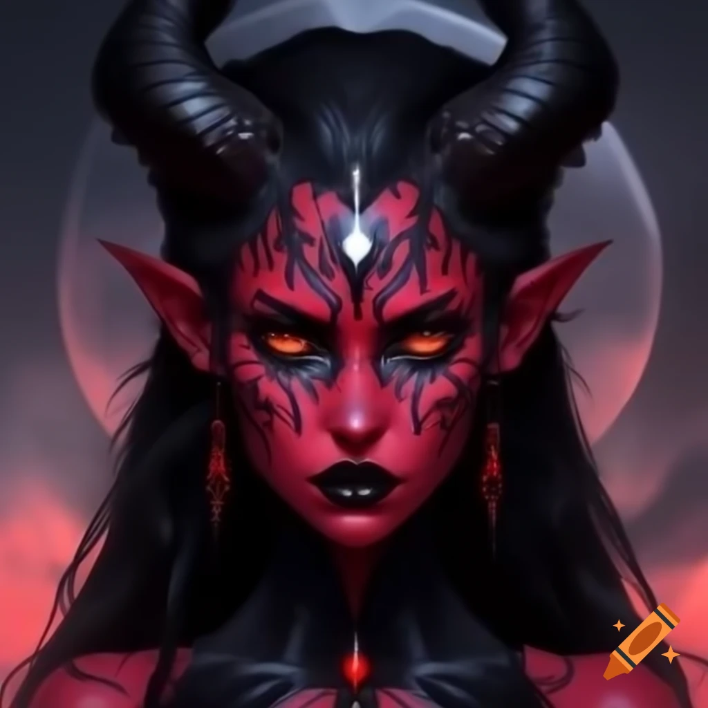 Black Moon Lilith depicted as a she-demon goddess with black hair and red colors
