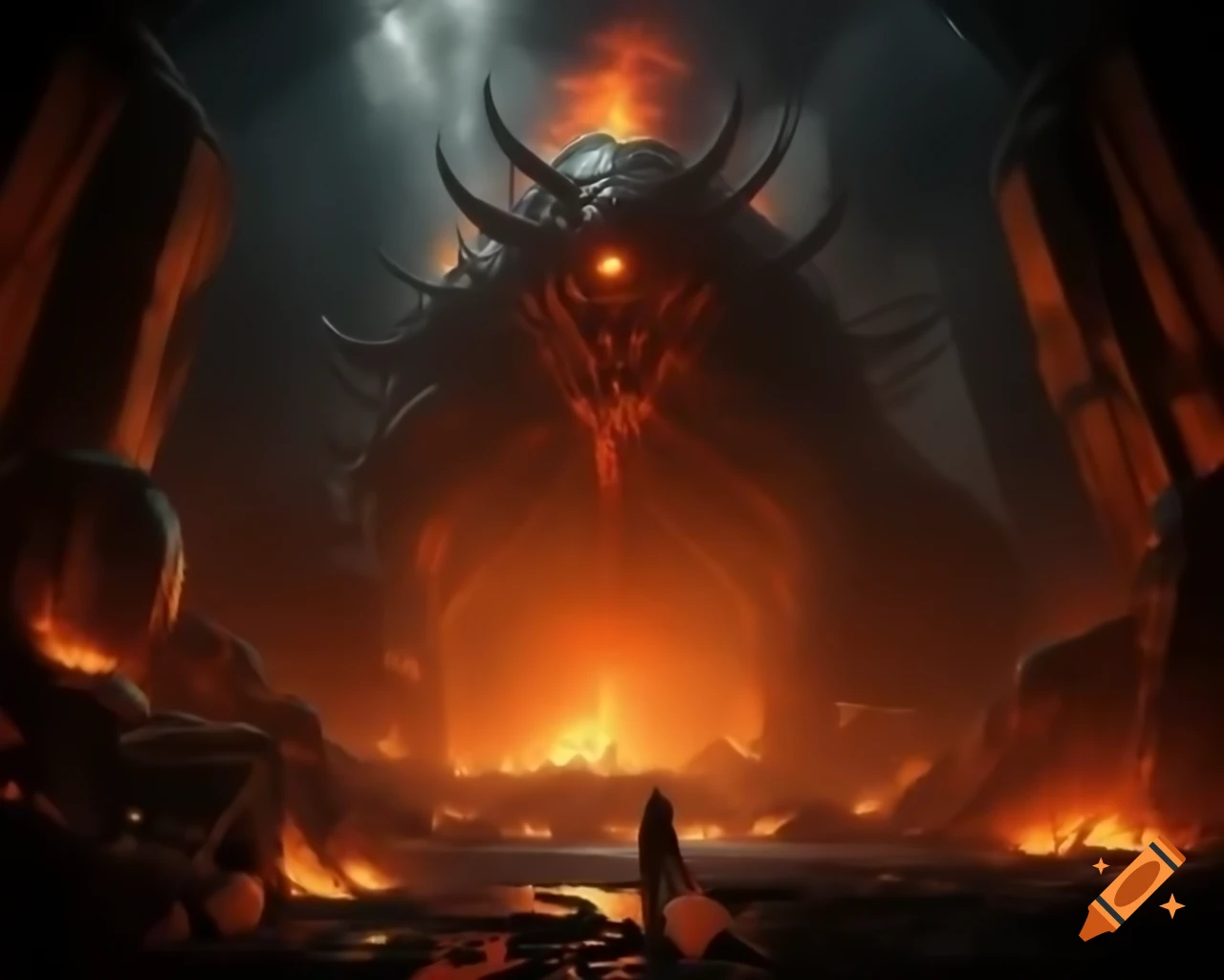 Infernal forge with fire in underground cave with lava rivers
