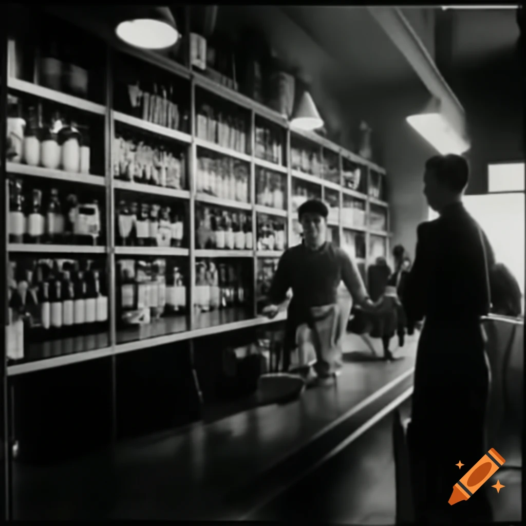 Vintage photo of liquor store with wine shelves and customers