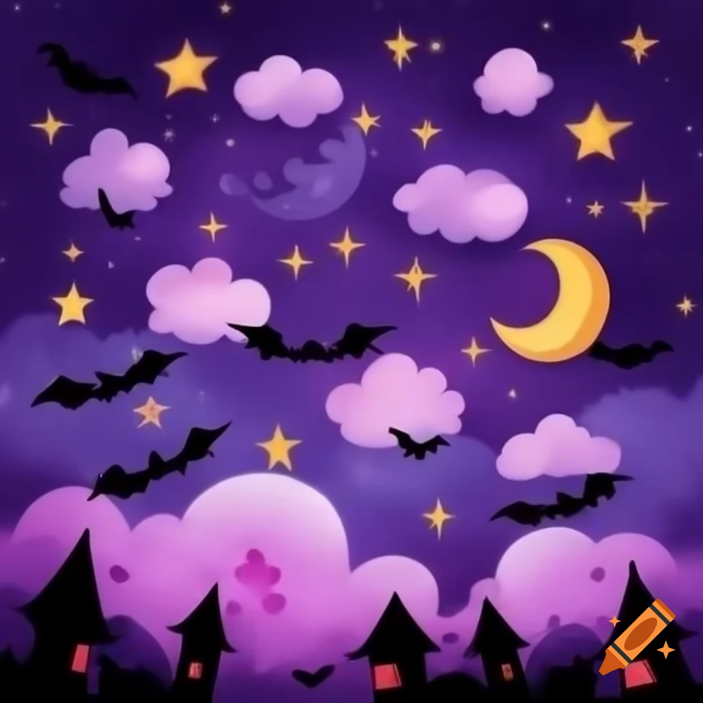 Pastel spooky skyscape with clouds, stars, moon, and bats in whimsical style
