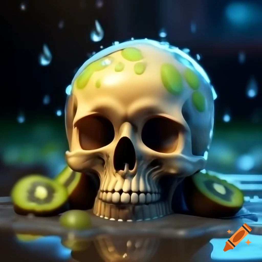 Cartoon skull with kiwi and raindrops design