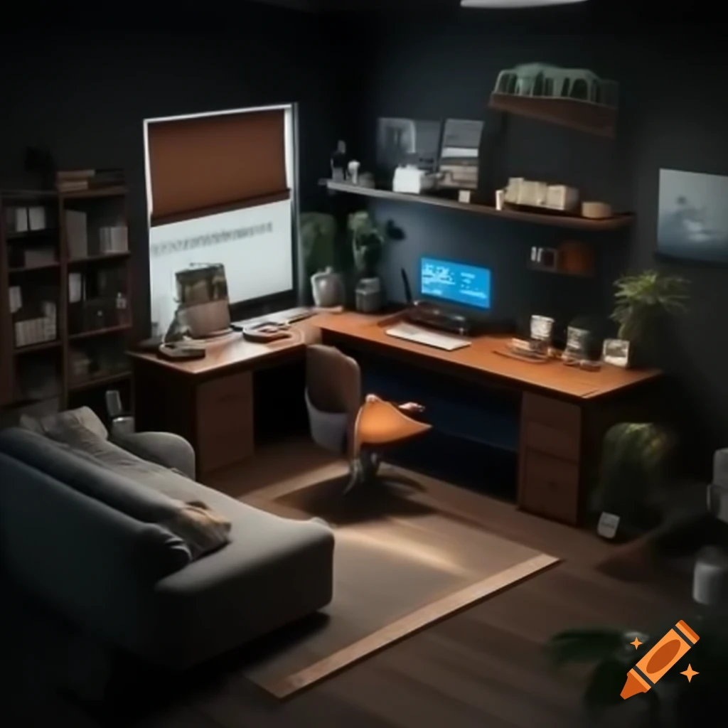Stylish dark moody office with standing desk, sofa, TV area, and workbench with 3D printer