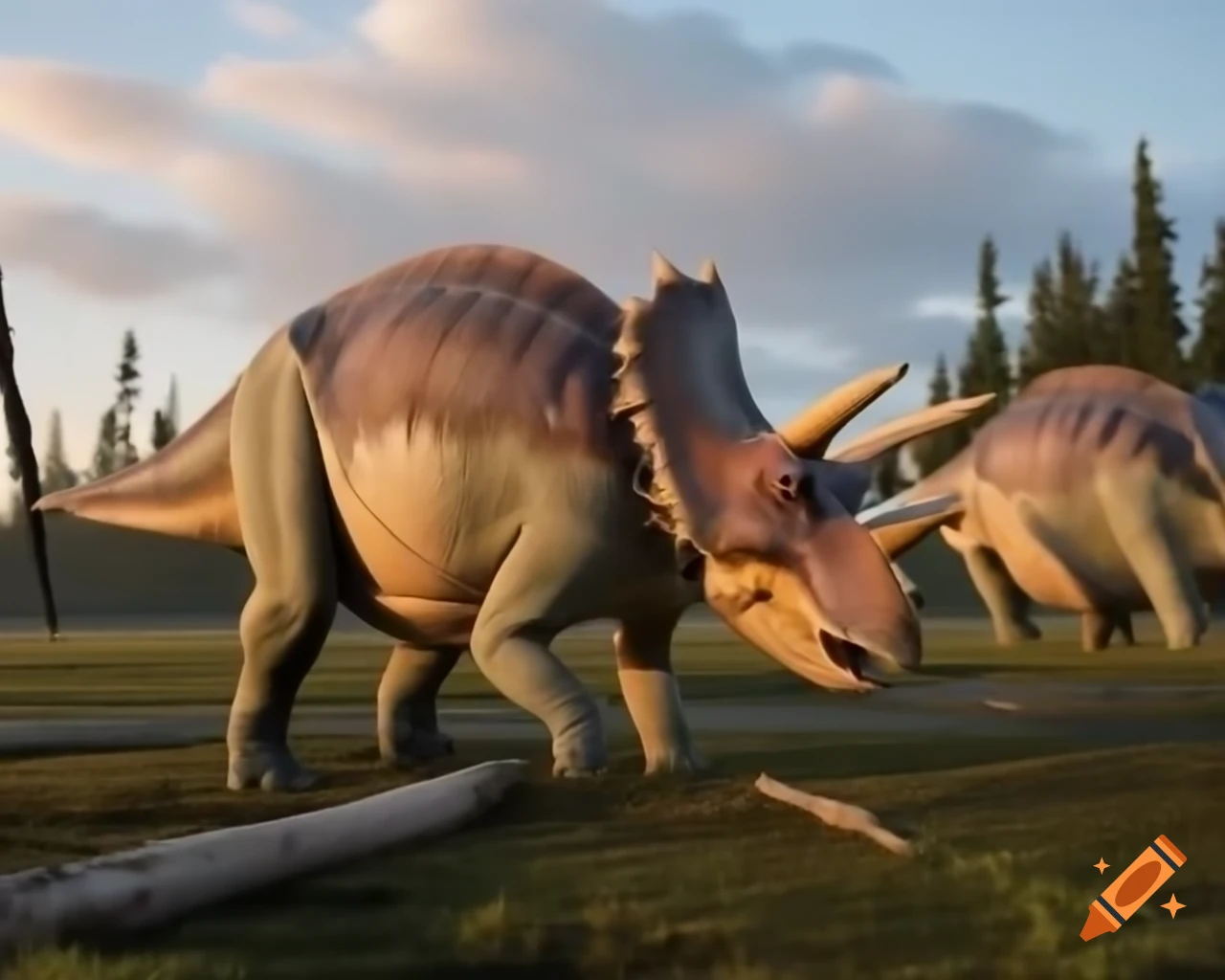 Herd of protoceratops in sunny marshland with driftwood, British Columbia