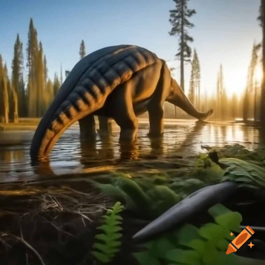 Ankylosaurus and Diplodocus by lake with ferns and fallen trees during golden hour